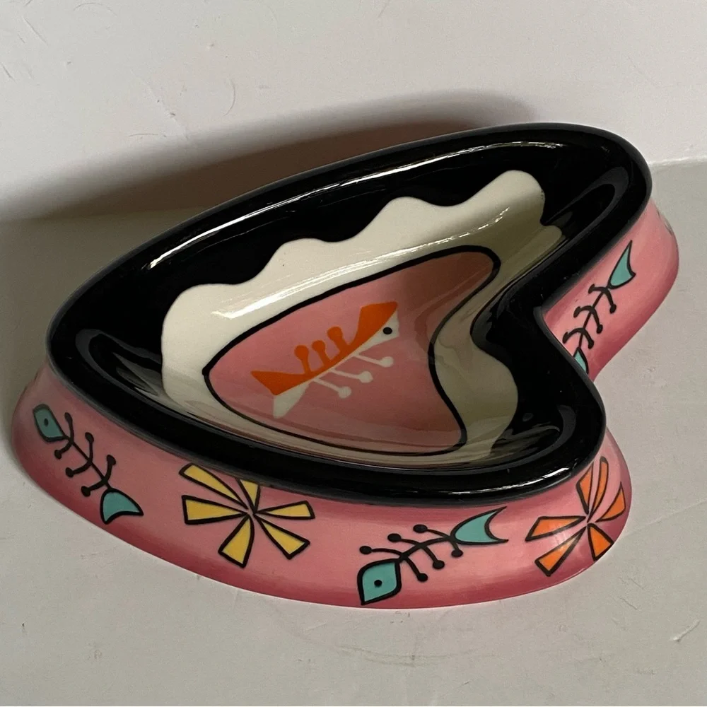 Heart Shaped Cat Bowl Food Pink Ceramic Fish Bones Hand Painted Karherine’s Coll